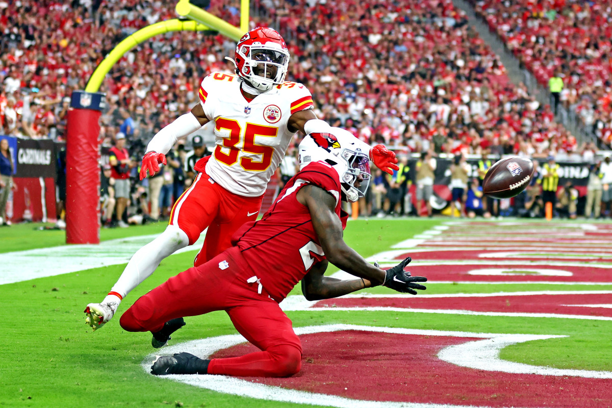 Sep 11, 2022; Glendale, Arizona, USA; Arizona Cardinals wide receiver Marquise Brown (2) catches a touchdown pass against Kansas City Chiefs cornerback Jaylen Watson (35) during the second half at State Farm Stadium. Mandatory Credit: Mark J. Rebilas-USA TODAY Sports  