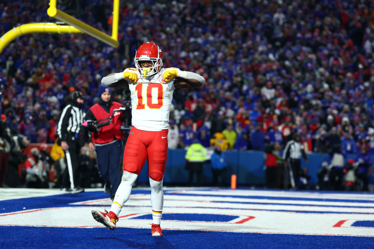 Jan 21, 2024; Orchard Park, New York, USA; Kansas City Chiefs running back Isiah Pacheco (10) reacts after scoring a touchdown against the Buffalo Bills during the second half for the 2024 AFC divisional round game at Highmark Stadium. Mandatory Credit: Mark J. Rebilas-USA TODAY Sports