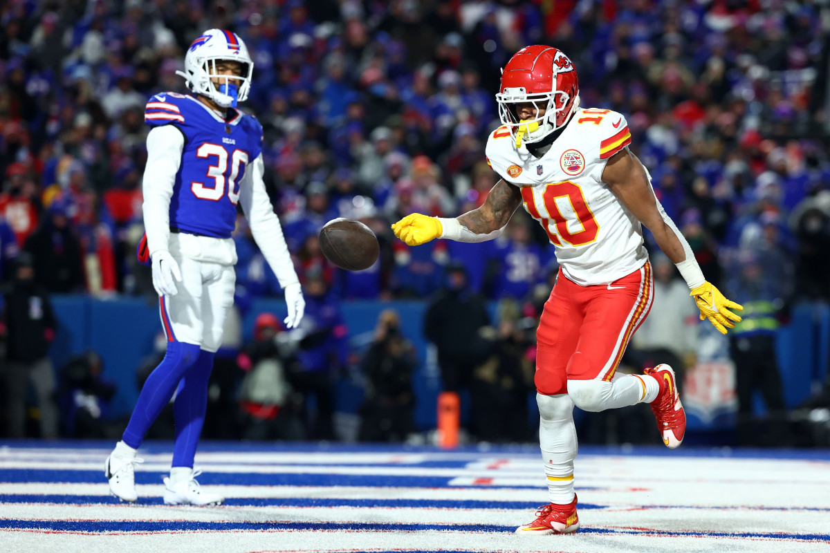 Jan 21, 2024; Orchard Park, New York, USA; Kansas City Chiefs running back Isiah Pacheco (10) reacts after scoring a touchdown against the Buffalo Bills during the second half for the 2024 AFC divisional round game at Highmark Stadium. Mandatory Credit: Mark J. Rebilas-USA TODAY Sports  