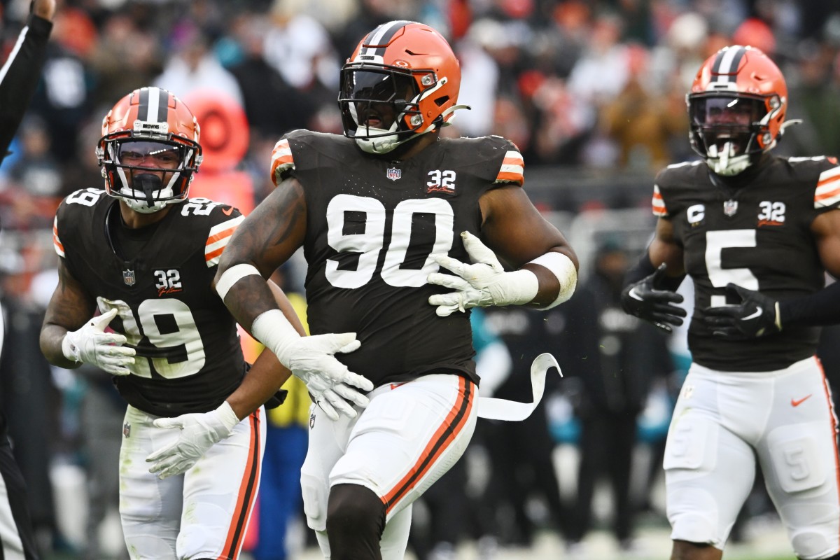 Dec 10, 2023; Cleveland, Ohio, USA; Cleveland Browns defensive tackle Maurice Hurst II (90) celebrates after sacking Jacksonville Jaguars quarterback Trevor Lawrence (not pictured) during the second half at Cleveland Browns Stadium