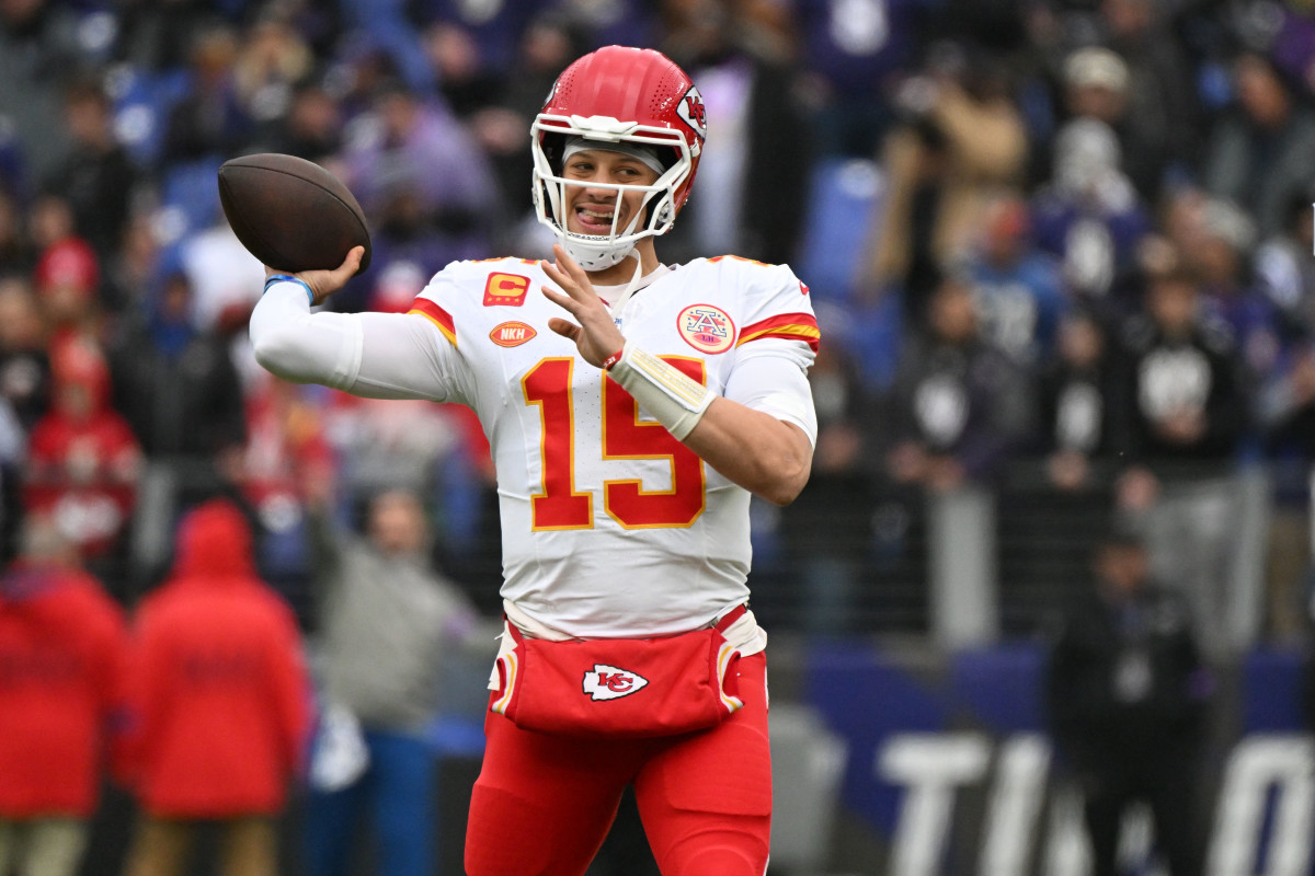 Jan 28, 2024; Baltimore, Maryland, USA; Kansas City Chiefs quarterback Patrick Mahomes (15) warms up prior to the AFC Championship football game against the Baltimore Ravens at M&T Bank Stadium. Mandatory Credit: Tommy Gilligan-USA TODAY Sports 