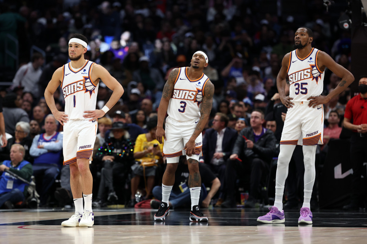 Phoenix Suns stars Devin Booker (1), Bradley Beal (3) and Kevin Durant (35)