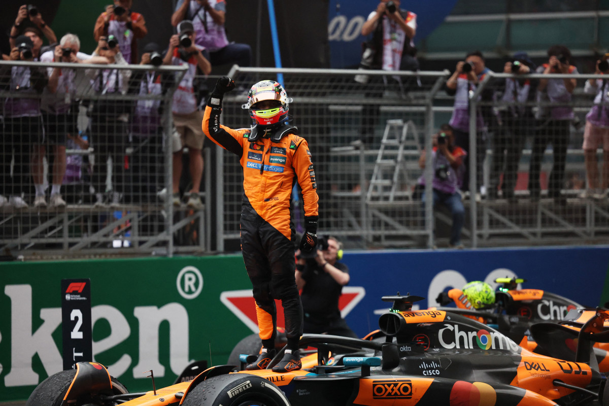 Oscar Piastri celebrates after winning the Chinese Grand Prix