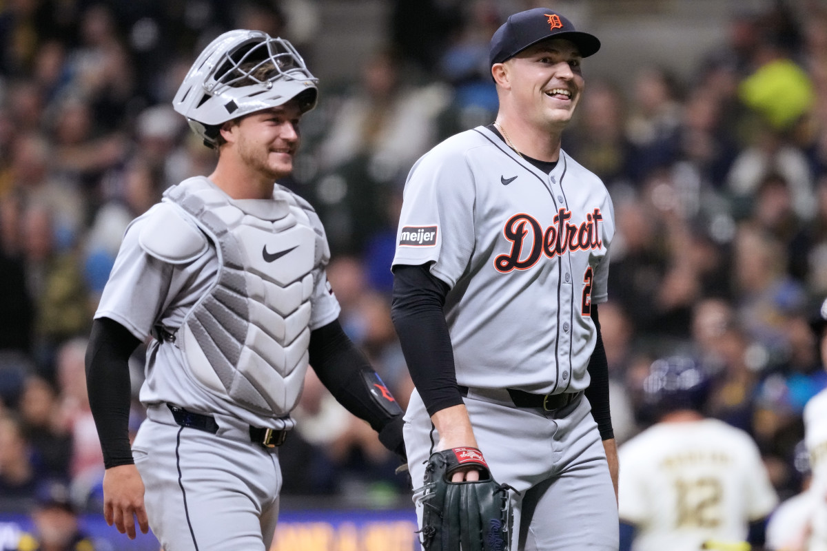 Tigers pitcher Tarik Skubal smiles as he returns to the dugout against the Brewers at American Family Field.