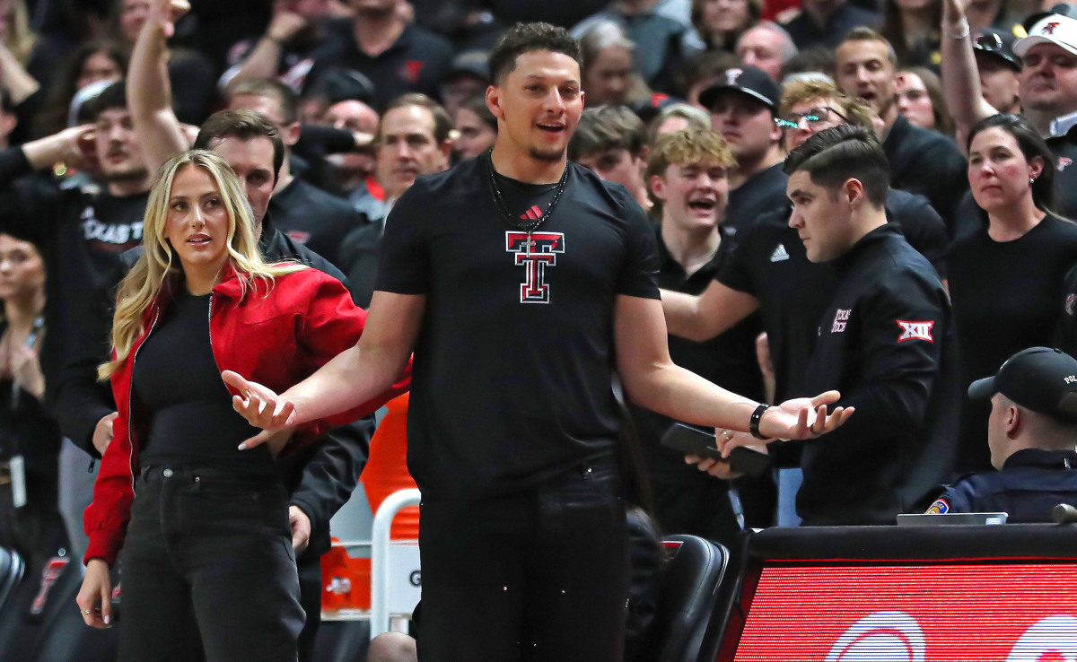 Kansas City Chiefs player and Texas Tech Red Raiders alumni Patrick Mahomes II reacts to a call in the second half in the game against the Houston Cougars at United Supermarkets Arena.
