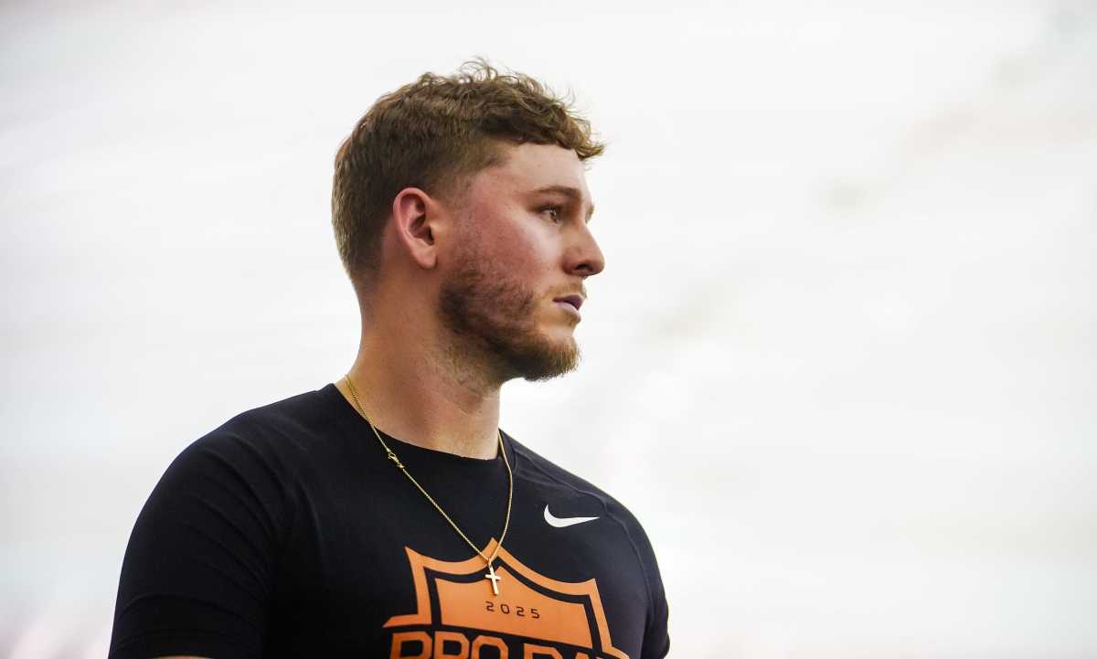 Former Longhorns Quinn Ewers participates in Texas' Pro Day at the Texas Football Training Facility on Tuesday, March 25, 2025.