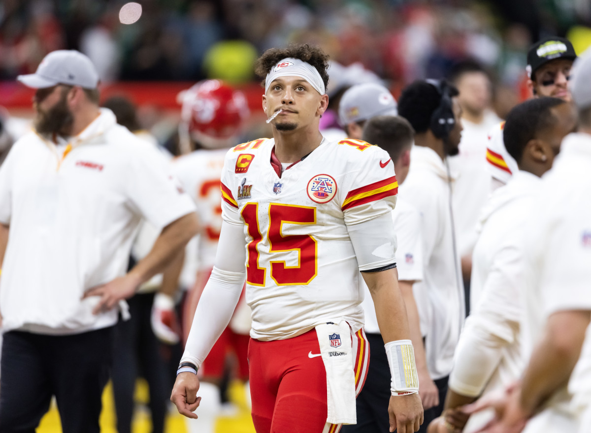 Feb 9, 2025; New Orleans, LA, USA; Kansas City Chiefs quarterback Patrick Mahomes (15) reacts against the Philadelphia Eagles in Super Bowl LIX at Ceasars Superdome. Mandatory Credit: Mark J. Rebilas-Imagn Images  