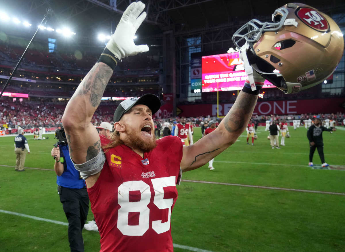 San Francisco 49ers tight end George Kittle (85) celebrates after the game against the Arizona Cardinals at State Farm Stadium.
