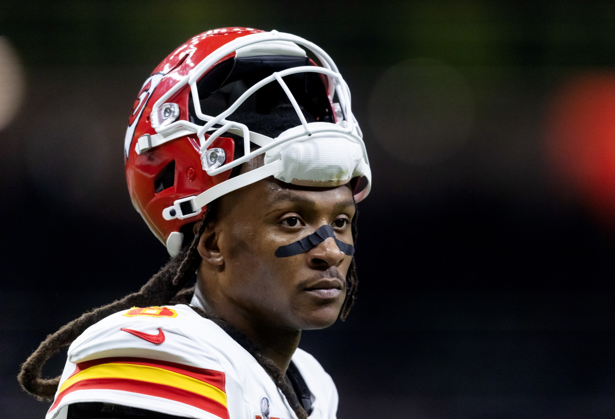Feb 9, 2025; New Orleans, LA, USA; Kansas City Chiefs wide receiver DeAndre Hopkins (8) against the Philadelphia Eagles in Super Bowl LIX at Ceasars Superdome.