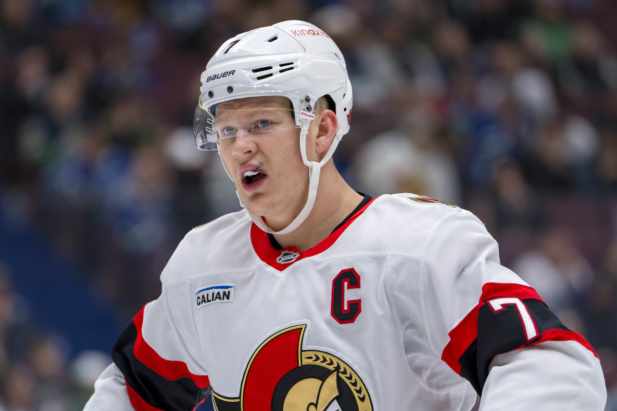 Ottawa Senators forward Brady Tkachuk (7) during a stop in play at Rogers Arena.