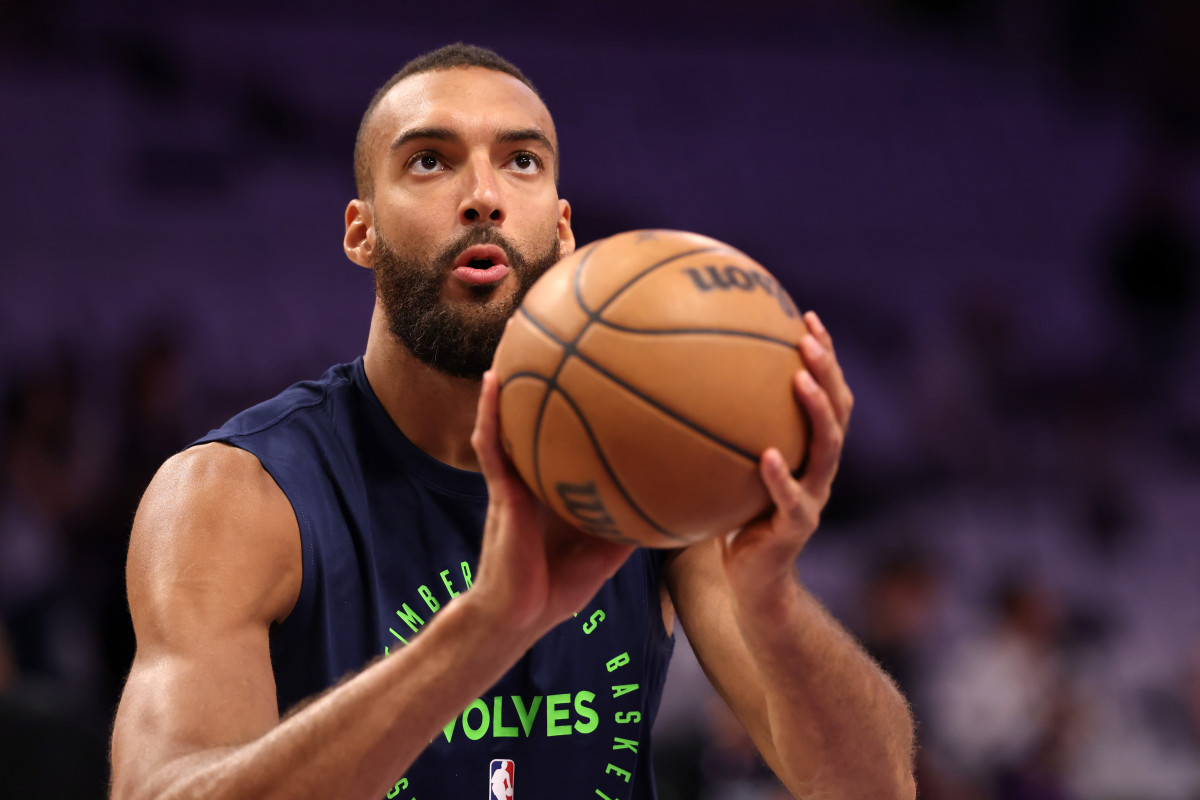 Minnesota Timberwolves center Rudy Gobert (27) warms up before a game two of first round for the 2024 NBA Playoffs against the Los Angeles Lakers at Crypto.com Arena.