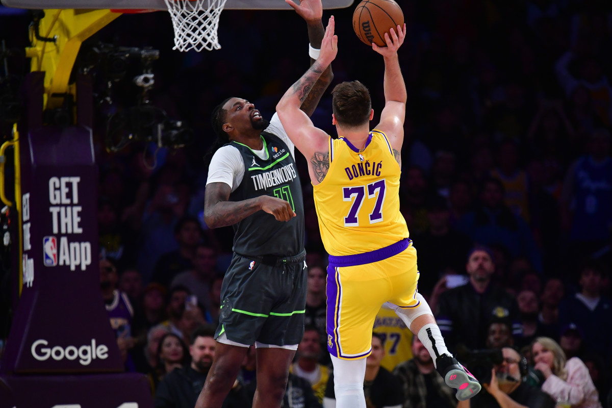 Luka Doncic of the Lakers skies for a shot.
