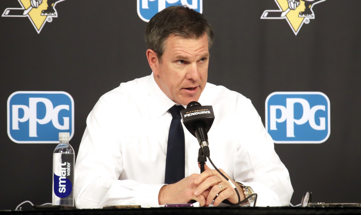 Pittsburgh Penguins head coach Mike Sullivan address the media after the game against the New York Rangers at PPG Paints Arena.