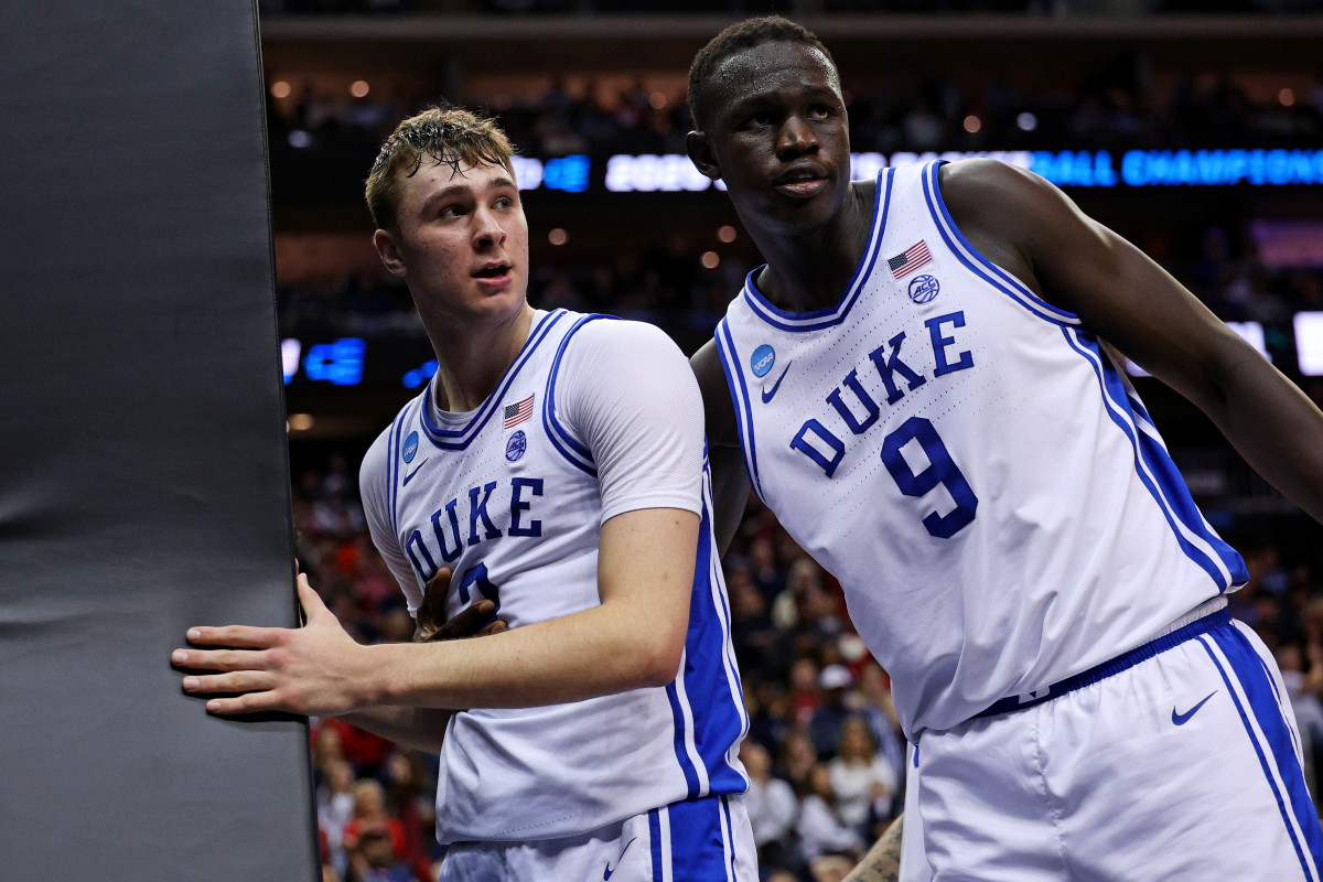 Duke Blue Devils forward Cooper Flagg (2) reacts with center Khaman Maluach (9).