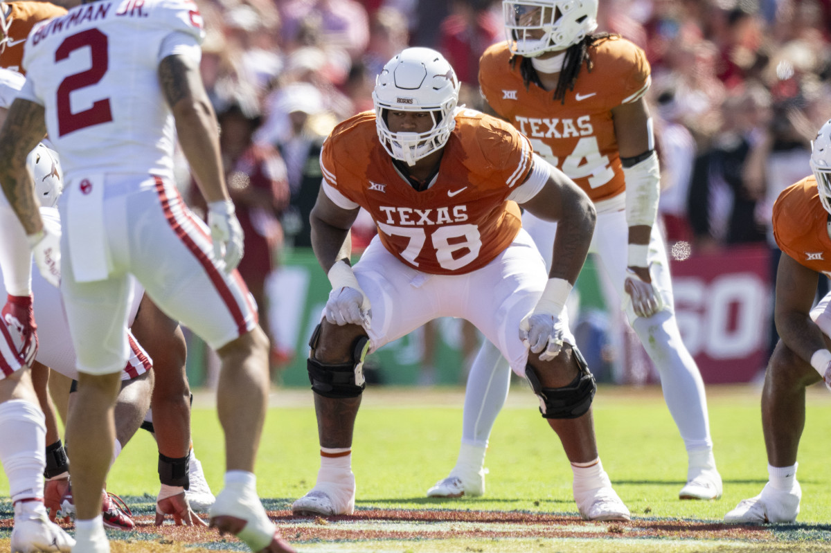 Texas Longhorns offensive lineman Kelvin Banks Jr. (78) in action during a game against the Oklahoma Sooners. Mandatory Credit: Jerome Miron-Imagn Images