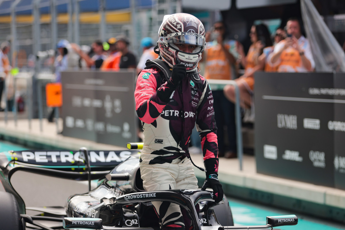 Kimi Antonelli celebrates after finishing third during Miami GP qualifying.