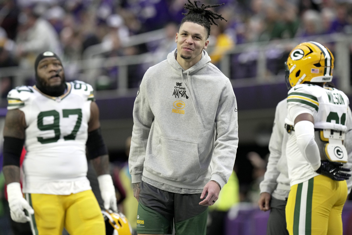 Packers WR Christian Watson prior to Green Bay's game at Minnesota.