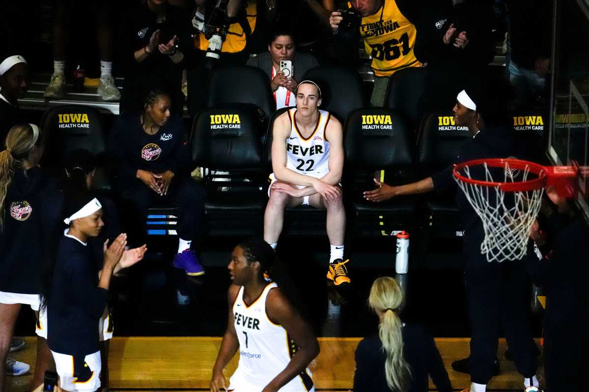 Indiana Fever guard Caitlin Clark (22) waits to be announced ahead of a WNBA preseason game against the Brazil National Team May 4, 2025 at Carver-Hawkeye Arena in Iowa City, Iowa.  