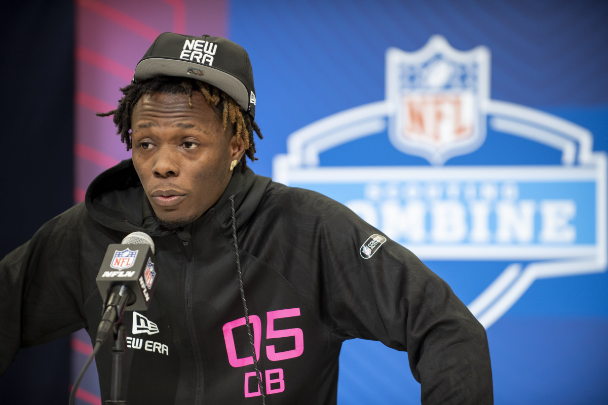 New UDFA for the Atlanta Falcons speaking to the media before the draft during the NFL Scouting Combine. Tanner Pearson-Imagn Images