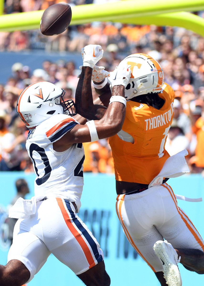 Virginia Cavaliers safety Jonas Sanker (20) breaks up a pass to Tennessee Volunteers wideout Dont'e Thornton Jr. (1). Mandatory Credit: Christopher Hanewinckel-Imagn Images