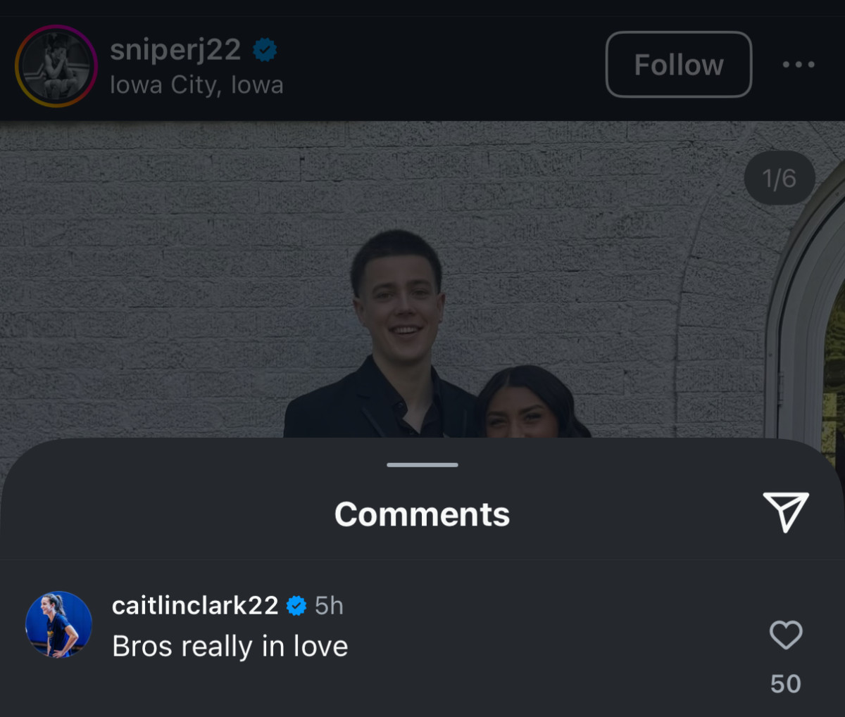 Caitlin Clark's comment on Jack McCaffery's post.