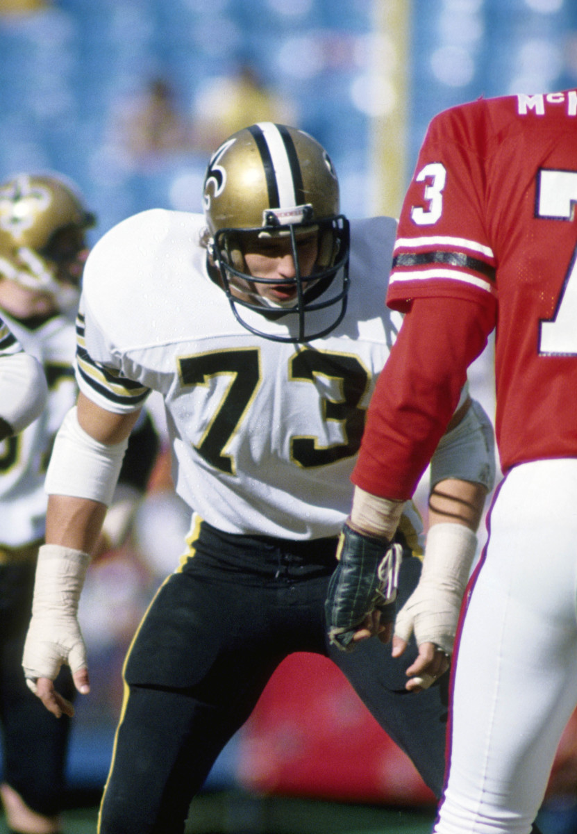Sept. 6, 1981; FILE PHOTO; New Orleans Saints defensive end Frank Warren (73) lines up against the Atlanta Falcons. Mandatory Credit: Manny Rubio-Imagn Images