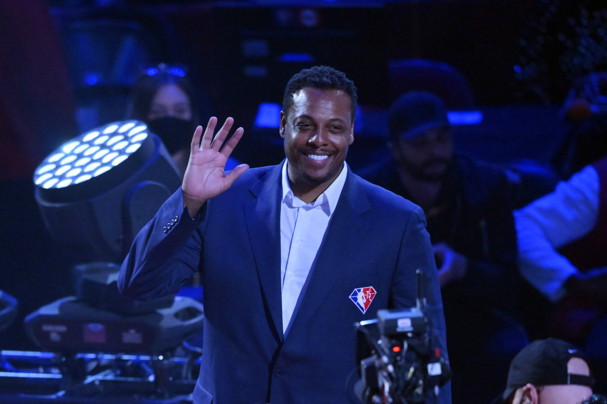 Paul Pierce is honored during halftime in the 2022 NBA All-Star Game at Rocket Mortgage FieldHouse.