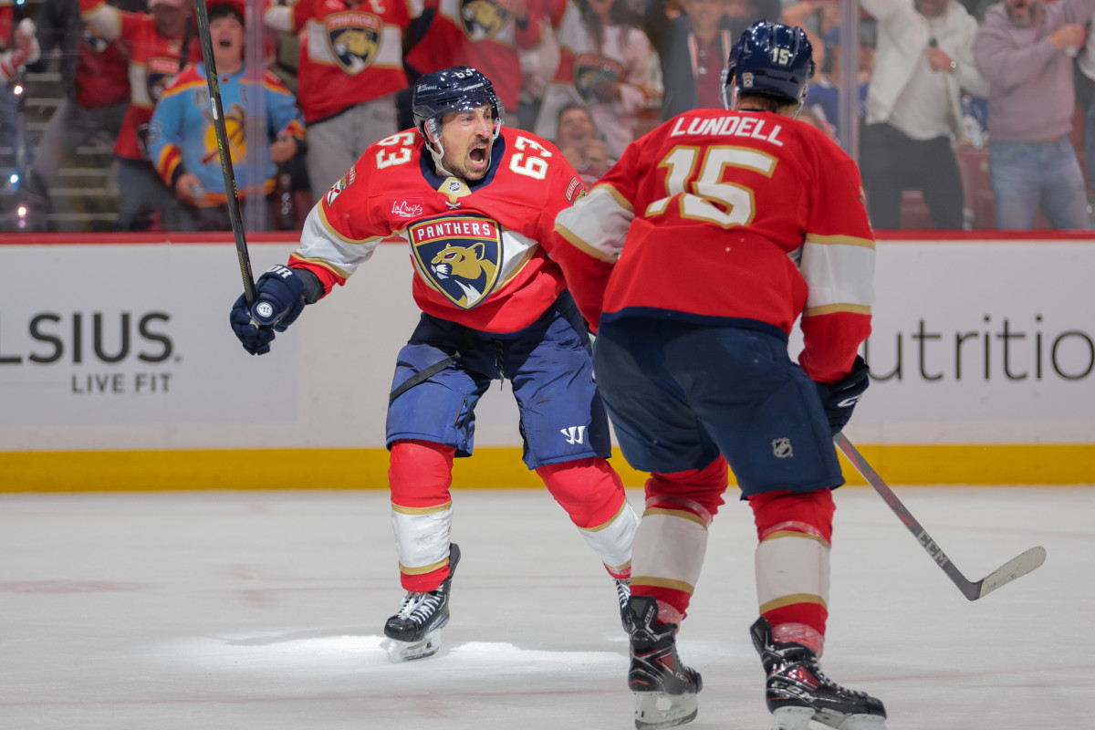 Florida Panthers center Brad Marchand (63) celebrates after scoring the game-winning goal against the Toronto Maple Leafs.