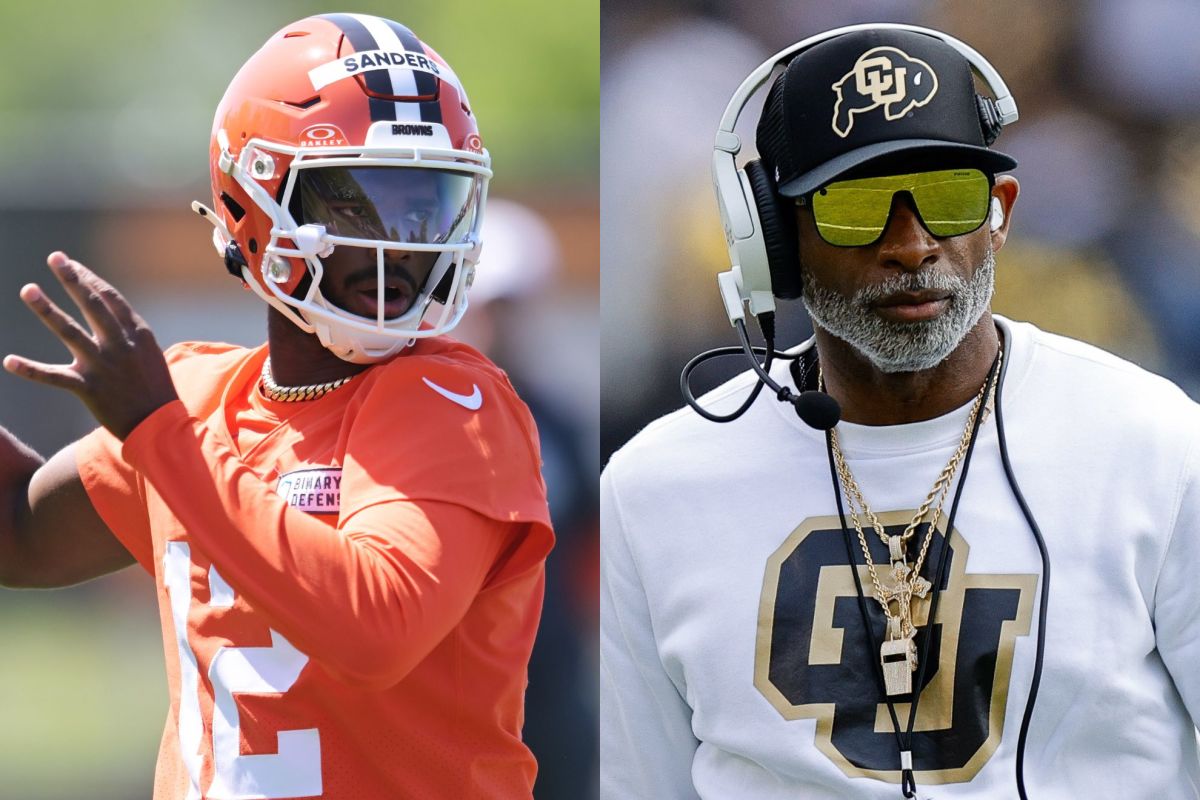 Cleveland Browns quarterback Shedeur Sanders (left) and his father, Colorado Buffaloes head coach Deion Sanders (right).