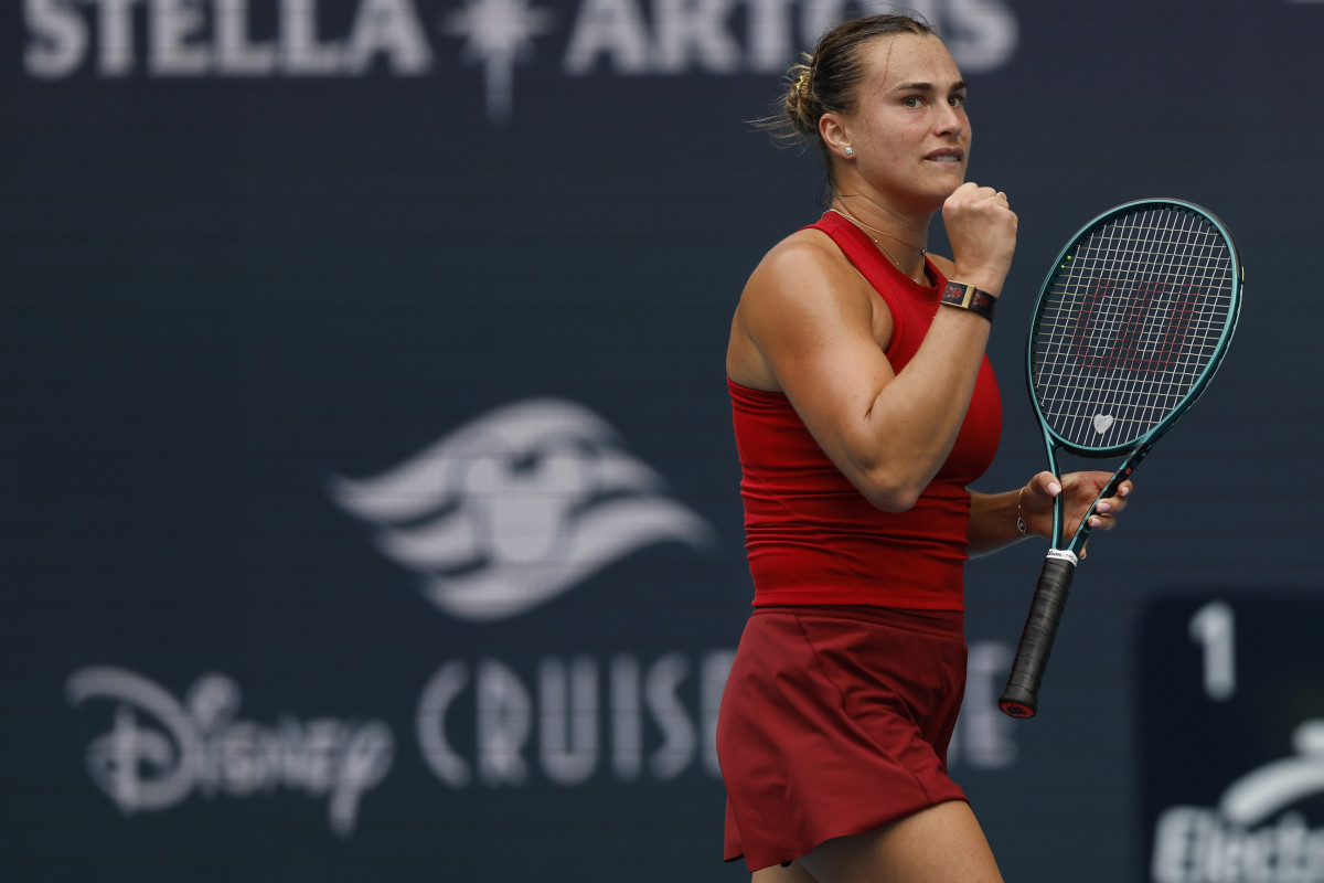 Aryna Sabalenka reacts after winning a point against Jessica Pegula