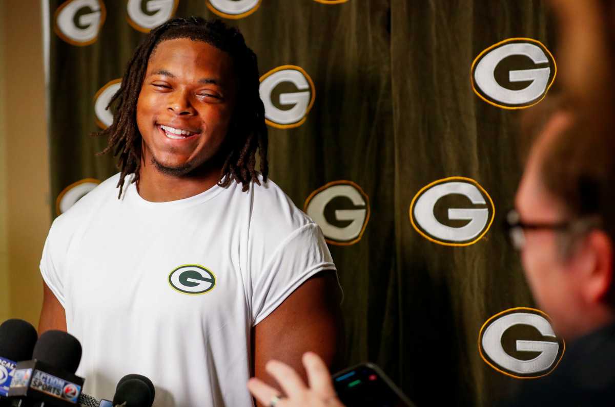 Green Bay Packers rookie edge rusher Barryn Sorrell shares a laugh with the media during rookie minicamp.