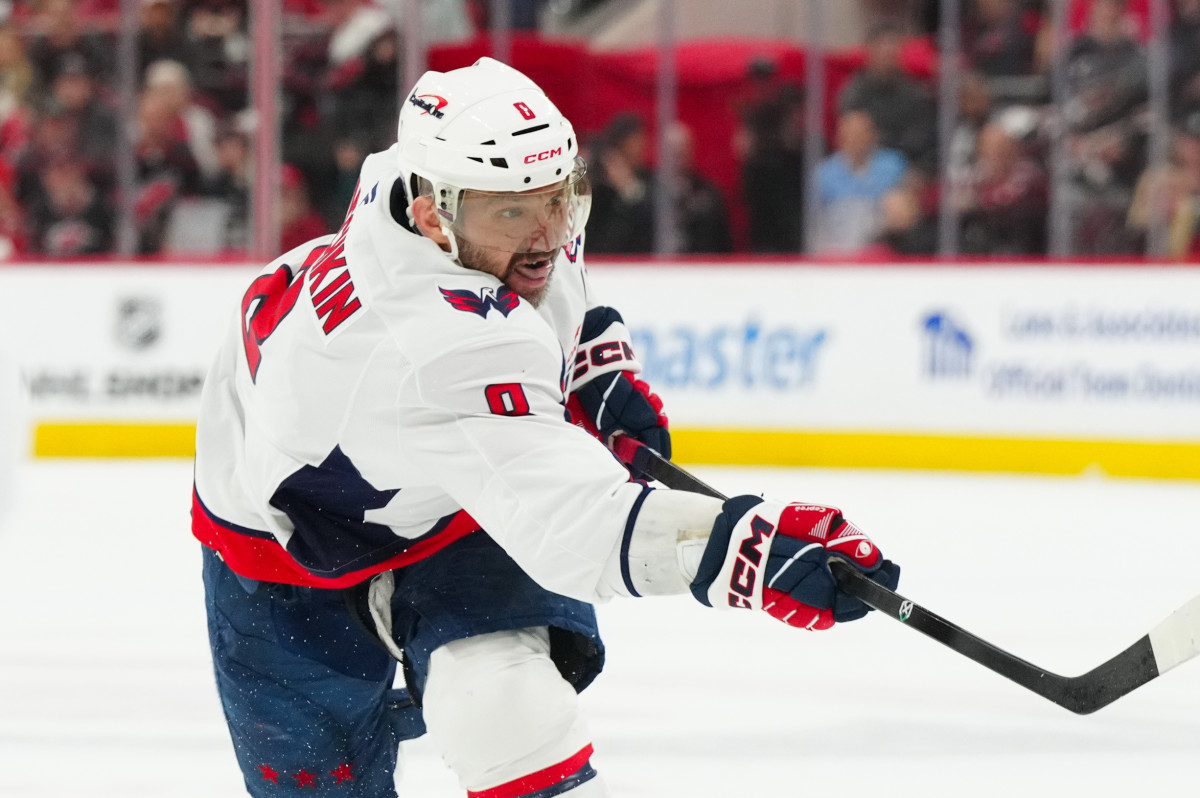 Washington Capitals left wing Alex Ovechkin takes a shot against the Carolina Hurricanes.