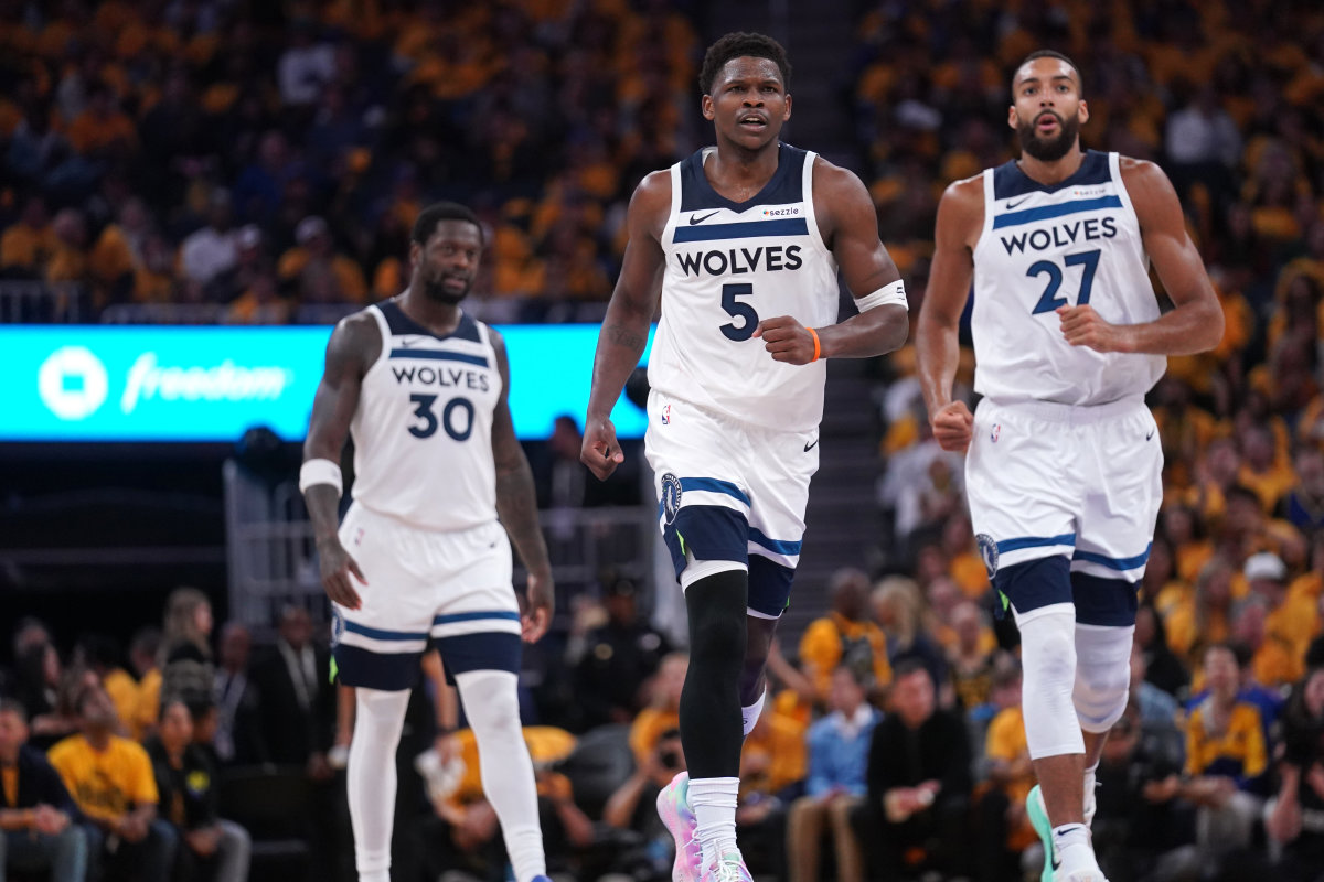 Minnesota Timberwolves guard Anthony Edwards (5) jogs towards the team bench after a timeout was called against the Golden State Warriors in the third quarter during game four of the second round for the 2025 NBA Playoffs at Chase Center.