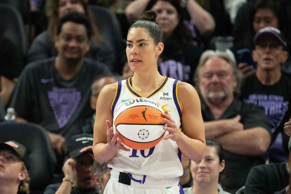Los Angeles Sparks guard Kelsey Plum holds the ball at Chase Center.