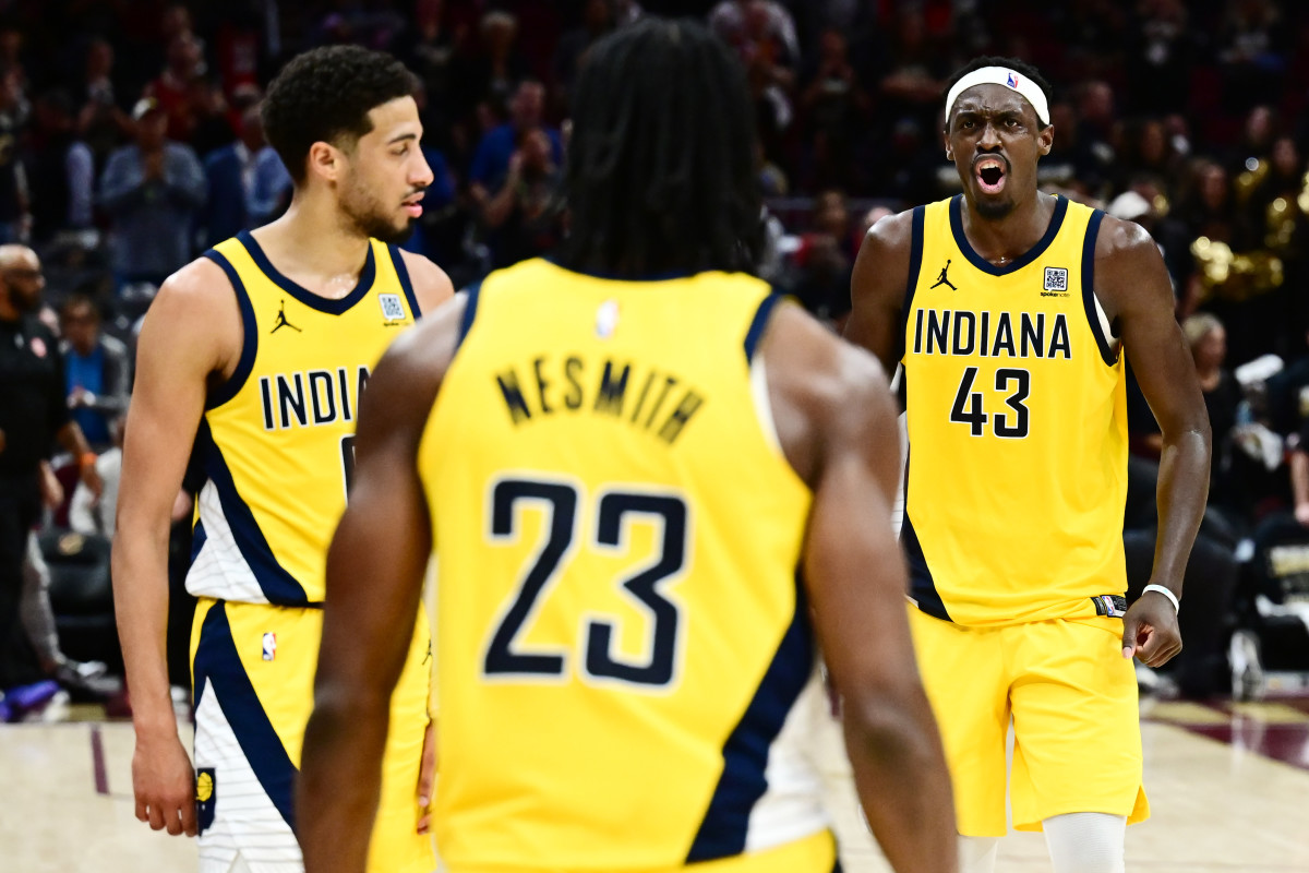 Indiana Pacers forward Aaron Nesmith (23) and guard Tyrese Haliburton (0) and forward Pascal Siakam (43).