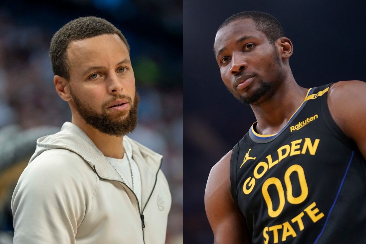 Golden State Warriors guard Stephen Curry (left) and forward Jonathan Kuminga (right).