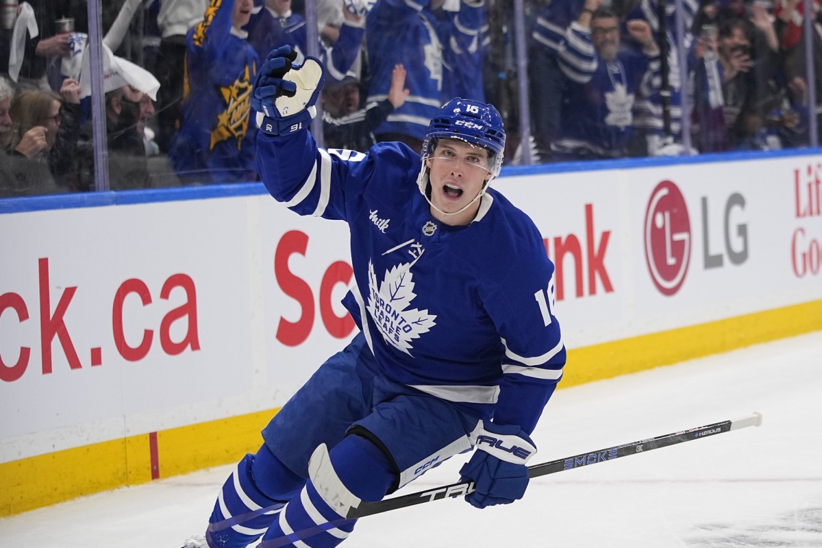 Toronto Maple Leafs forward Mitch Marner (16) reacts after scoring against the Ottawa Senators during the first period of game one of the first round of the 2025 Stanley Cup Playoffs at Scotiabank Are... 