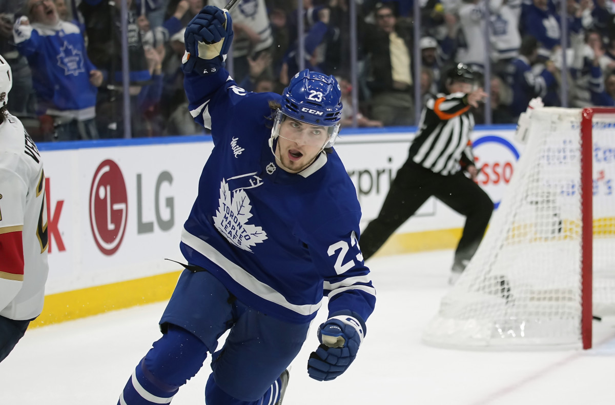 Toronto Maple Leafs forward Matthew Knies (23) celebrates his goal against Florida Panthers goaltender Sergei Bobrovsky (72) during the third period of Game 1.