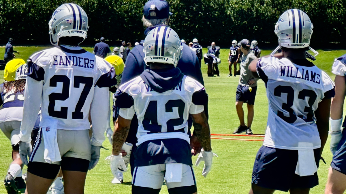 Cowboys running backs Miles Sanders, Deuce Vaughn and Javonte Williams at training camp.
