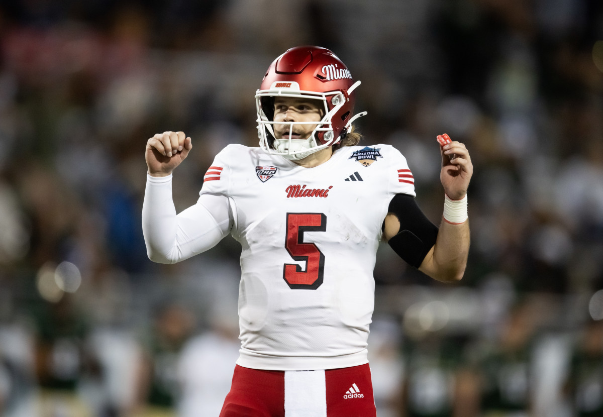 Dec 28, 2024; Tucson, AZ, USA; Miami (OH) RedHawks quarterback Brett Gabbert (5) against the Colorado State Rams during the Snoop Dogg Arizona Bowl at Arizona Stadium.