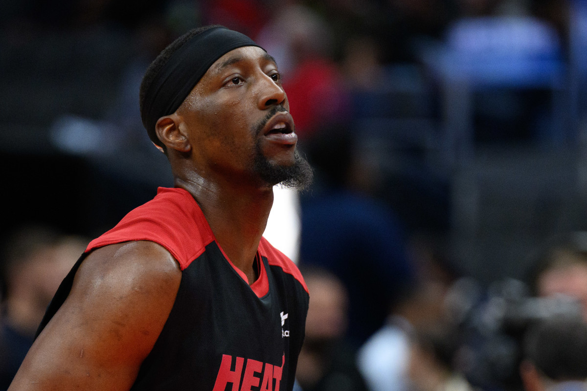 Mar 31, 2025; Washington, District of Columbia, USA; Miami Heat center Bam Adebayo (13) warms up prior to the game against Washington Wizards at Capital One Arena. Mandatory Credit: Reggie Hildred-Imagn Images  