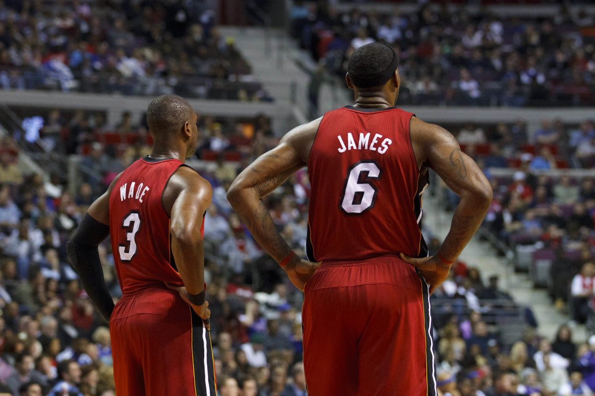 Miami Heat shooting guard Dwyane Wade (3) and small forward LeBron James (6).