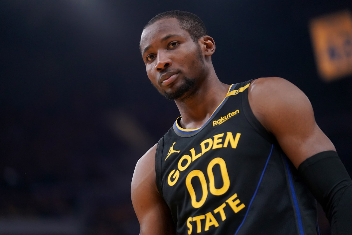 Golden State Warriors forward Jonathan Kuminga stands on the court against the Minnesota Timberwolves at Chase Center.