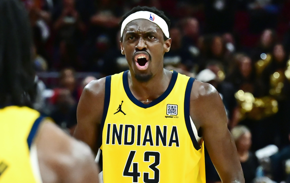 Indiana Pacers forward Pascal Siakam (43) celebrates during the second half of Game 5 against the Cleveland Cavaliers in the second round for the 2025 NBA Playoffs.