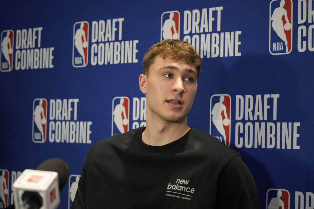 Former Duke star forward Cooper Flagg talks to the media during the 2025 NBA Draft Combine