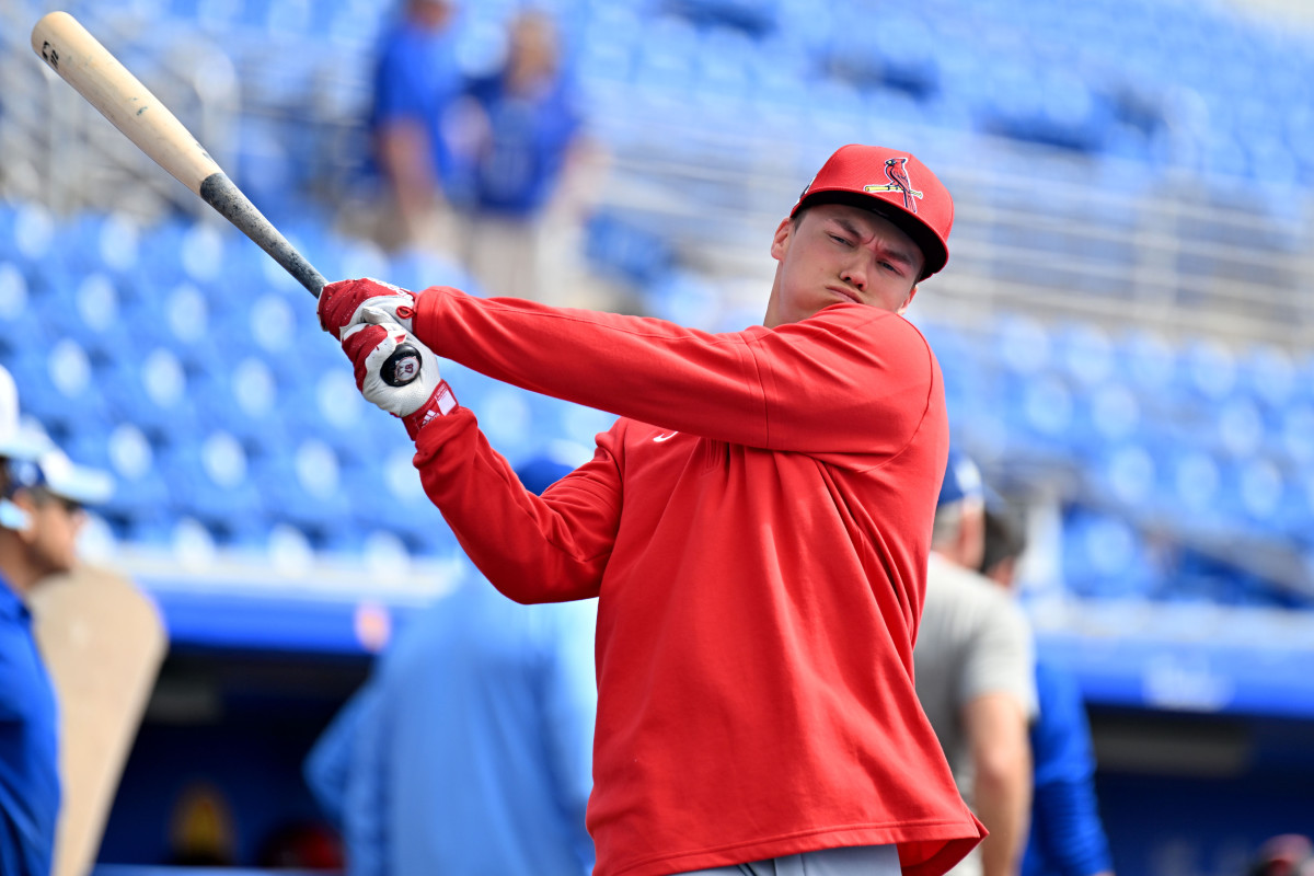 Cardinals' No. 1 prospect JJ Wetherholt prepares for a round of batting practice during spring training.