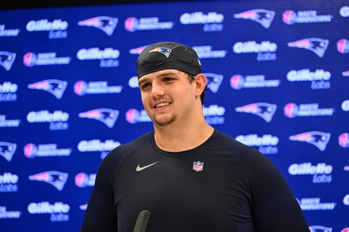 New England Patriots offensive tackle Will Campbell (66) speaks to the media after rookie camp at Gillette Stadium.