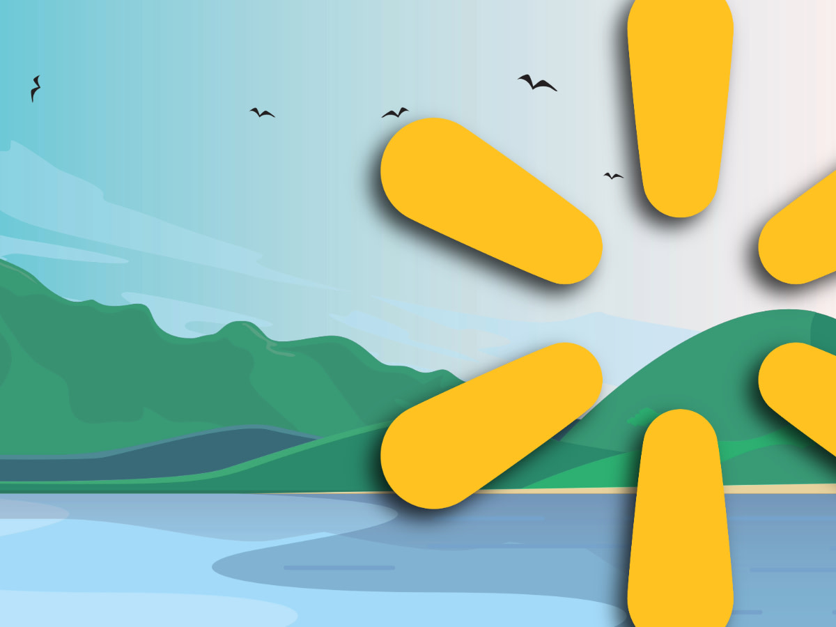 Walmart logo over digital background of a lake with green hills, blue sky, and birds beyond it