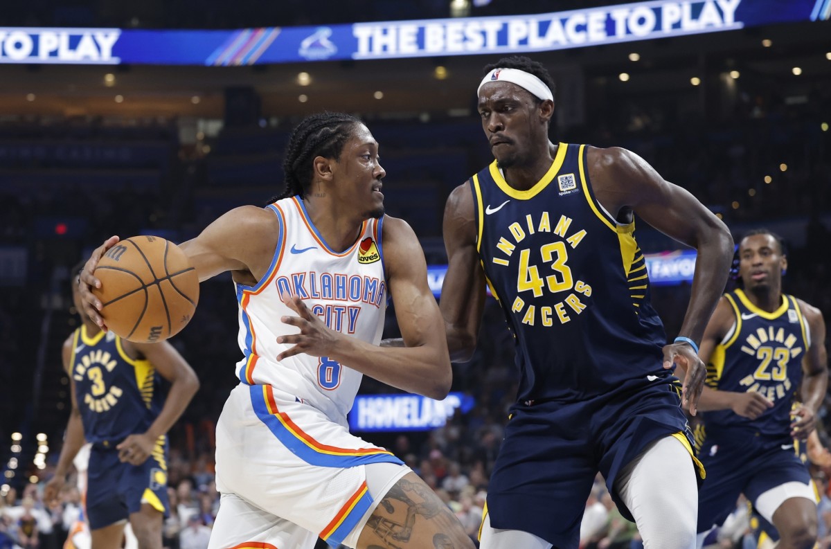 Oklahoma City Thunder forward Jalen Williams drives to the basket against Indiana Pacers forward Pascal Siakam at Paycom Center on March 29, 2025.