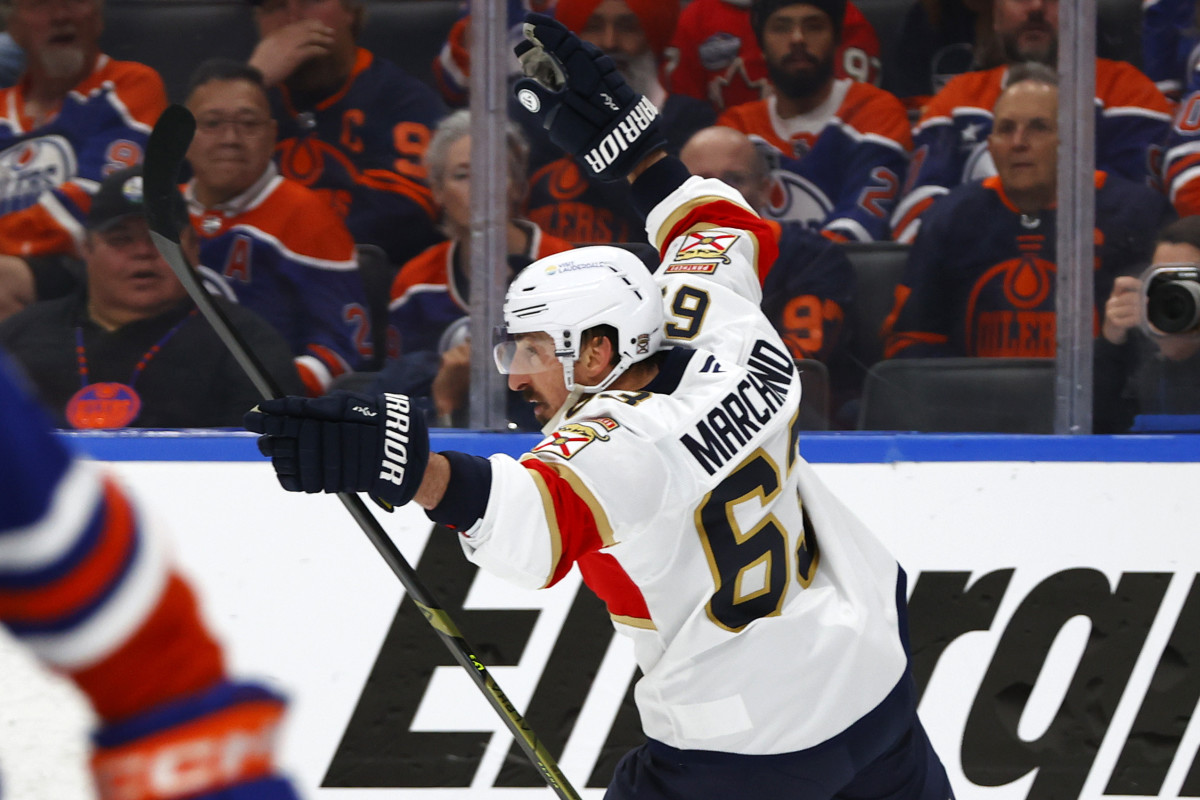 Florida Panthers center Brad Marchand (63) reacts after scoring a goal against the Edmonton Oilers in the 2025 Stanley Cup Final.